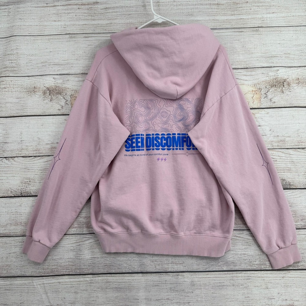 Seek Discomfort Hoodie Unisex L Pink Graphic Organic Cotton